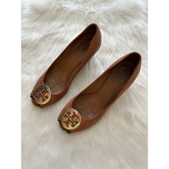 Tory Burch Women's SZ 8 Sally 2 peep toes wedge tan brown - Picture 10 of 10